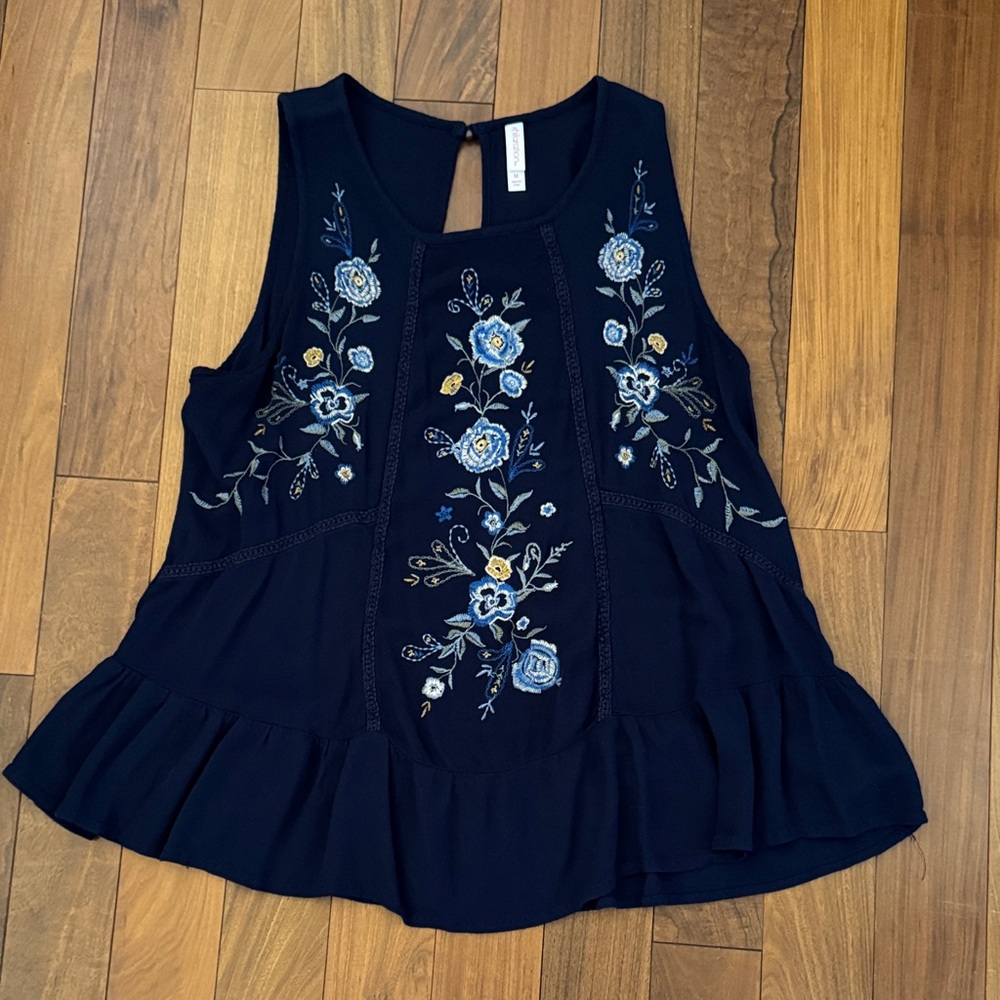 Xhilaration Navy Sleeveless Embroidered Floral Tank